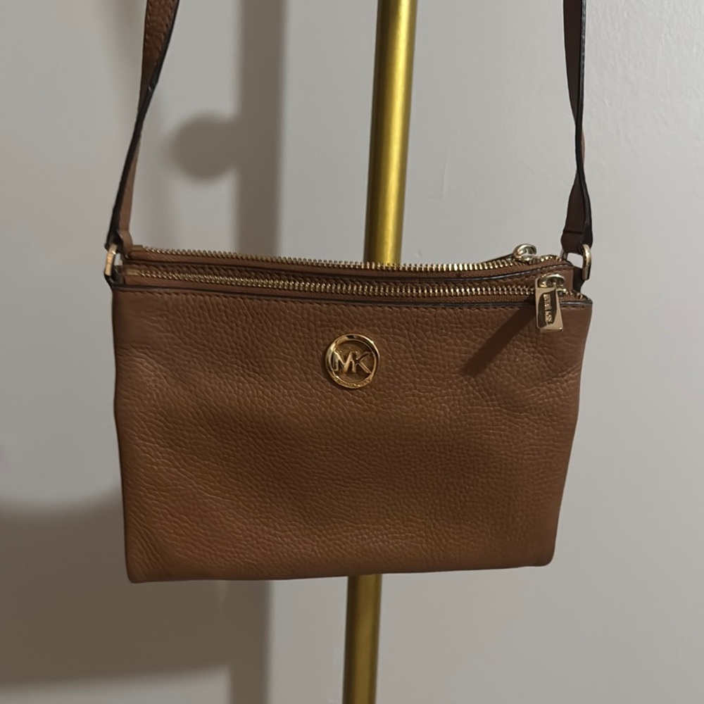 Michael Kors Brown Saffiano Leather Crossbody Bag with Gold Emblem